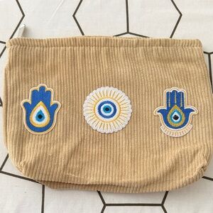 Tan Corduroy Pouch with Evil Eye Embroidery